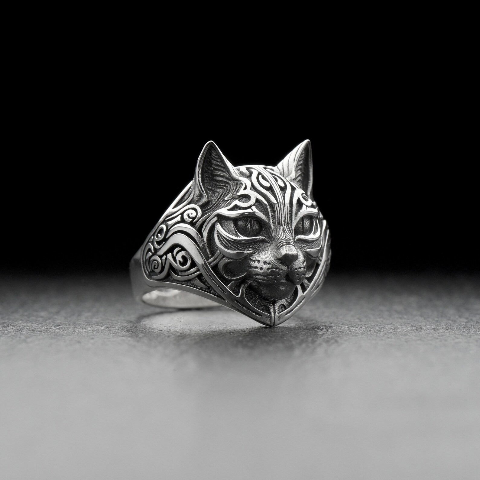 Sterling Silver Tribal Cat Head Ring Gothic Feline Animal Statement Jewelry