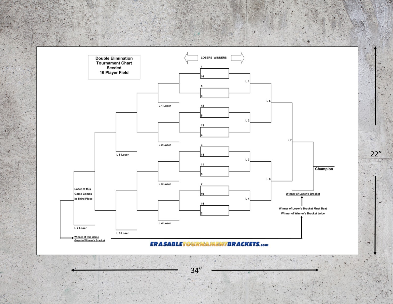 22x34 16 PLAYER DOUBLE ELIMINATION TOURNAMENT BRACKET CHART - SEEDED + PEN