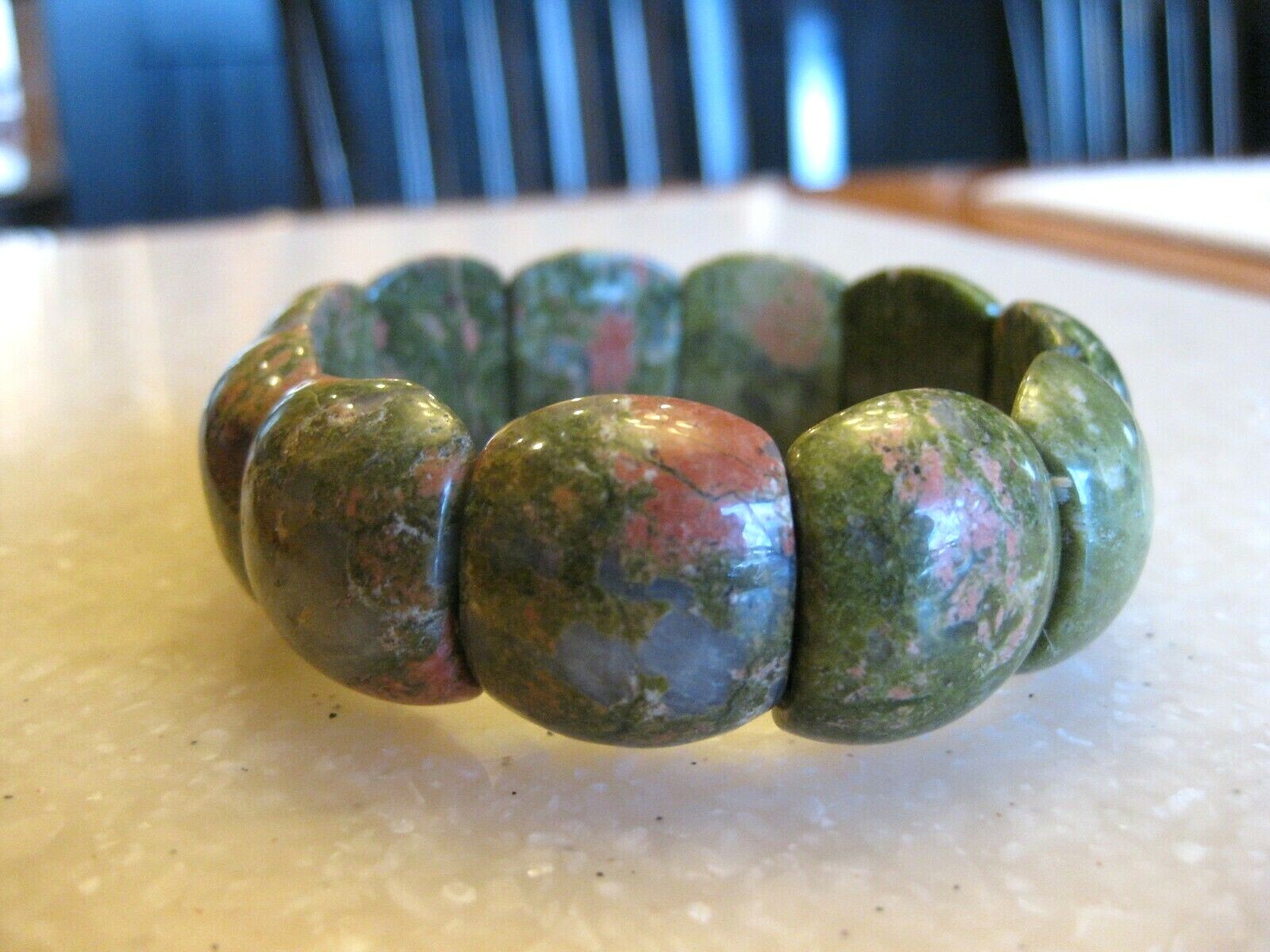 NICE Polished Green & Pink Unakite Sections Stretch Bracelet / FREE SHIPPING