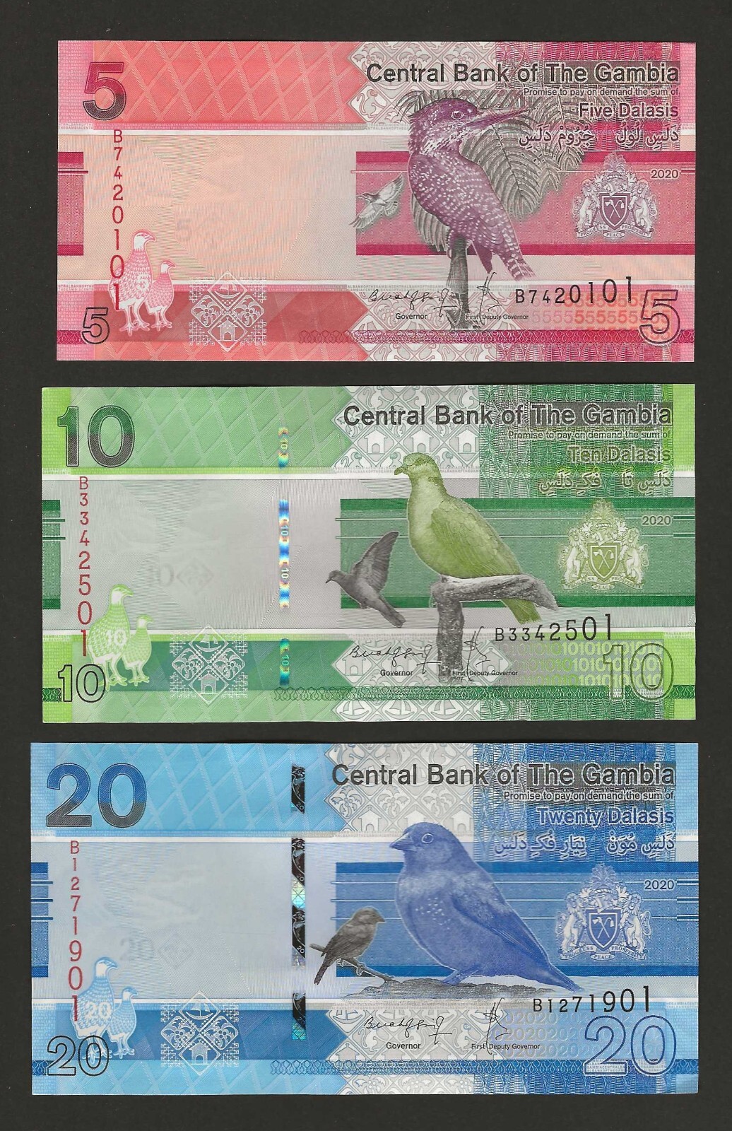 GAMBIA 5 10 20 Dalasis 2020, P-37b 38b 39b, Rare Date & Sign: Jaabi/Saidy, UNC