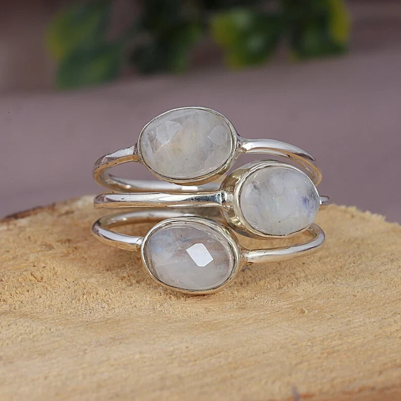 Rainbow Moonstone 925 Sterling Silver Band & Statement Ring  Handmade All Size