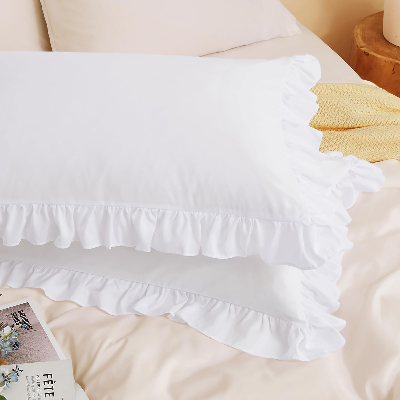 Queen Size Ruffle Pillowcases 2 Pack, Soft Microfiber Fringe Covers 20" x 30"