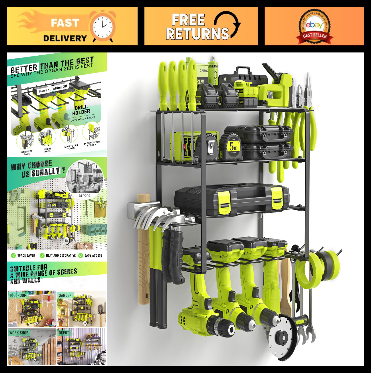 Heavy Duty Power Tool Organizer Rack, 4 Drill Wall Mount Storage Shelf for Garag
