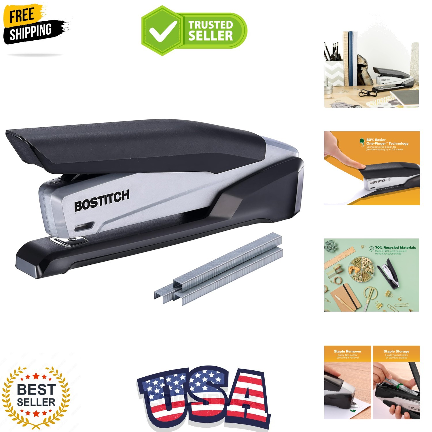Bostitch Office InPower Desktop Eco-Friendly Stapler, One-Finger Technology, ...