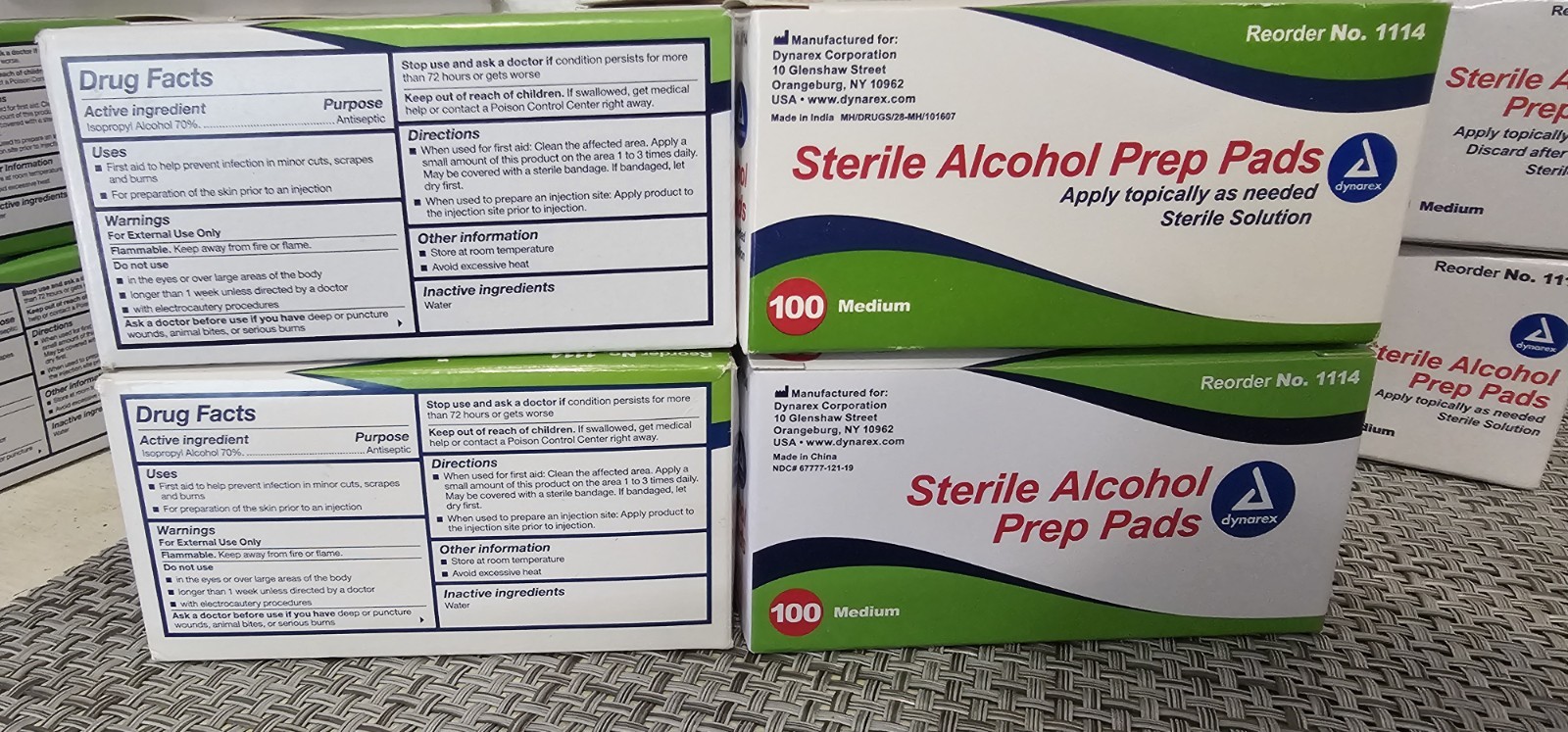 4 Boxes Dynarex 1114 Sterile Alcohol Prep Pads, Medium 100 Count