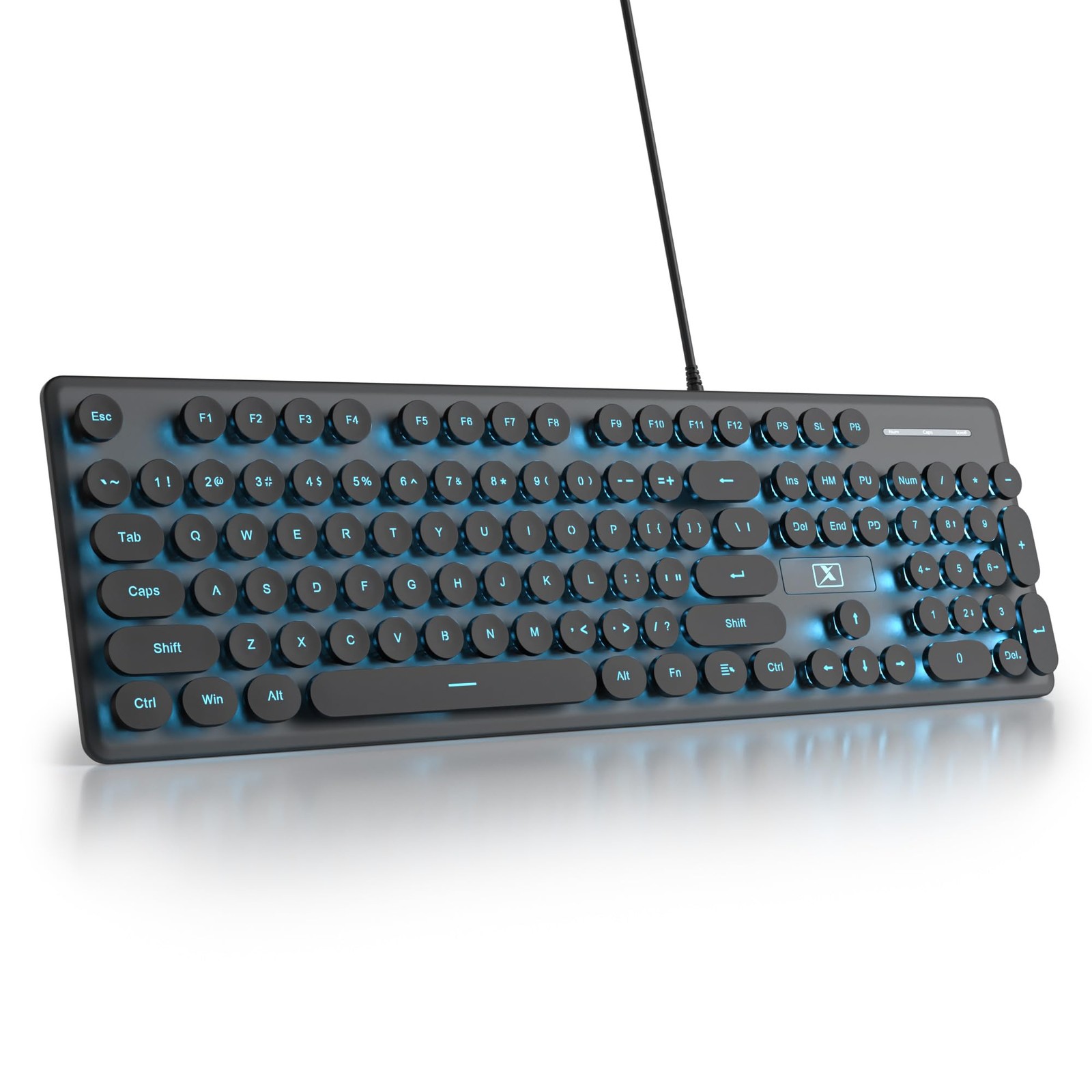 Wired Retro Typewriter Keyboard 104 Round Keys Blue LED Backlit Silent Black