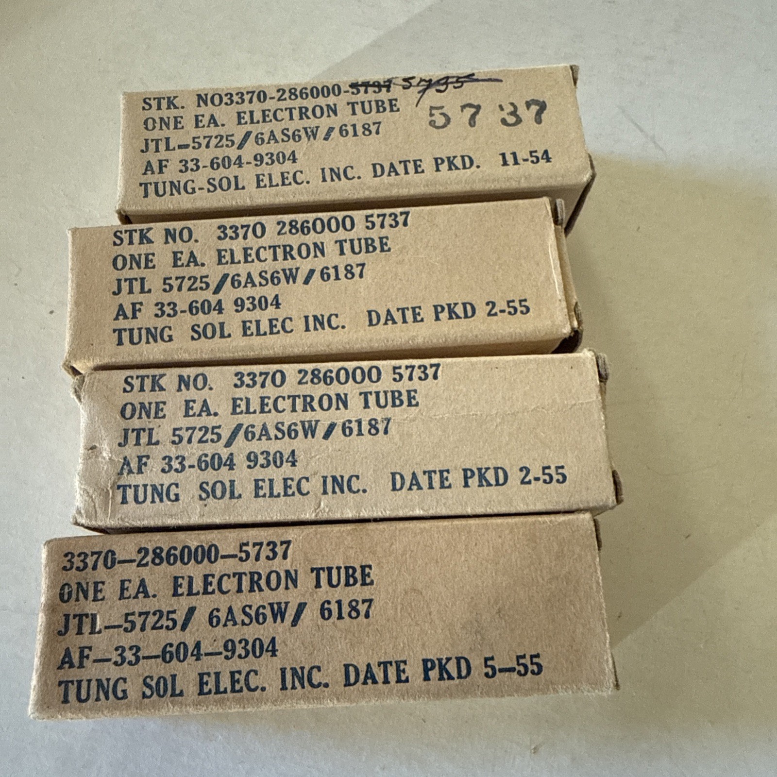 Lot Of 4: TUNG-SOL JTL-5725/6AS6W MILSPEC ELECTRON TUBE  AUDIO RADIO 1950's Tu15