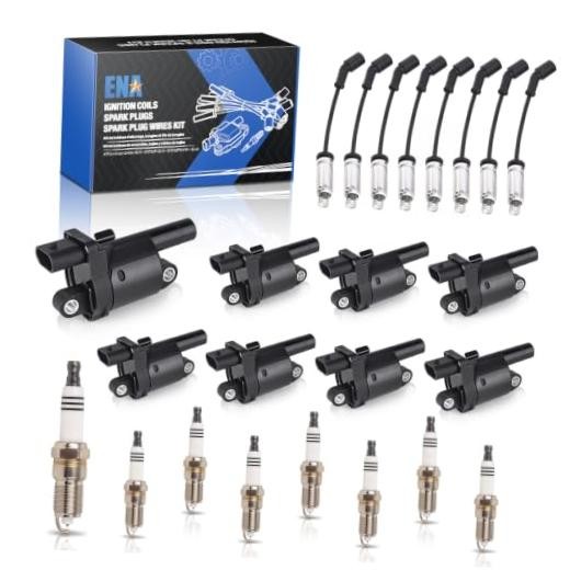 Set of 8 Ignition Coil and 8 Platinum Spark Plug with Wire Set Black