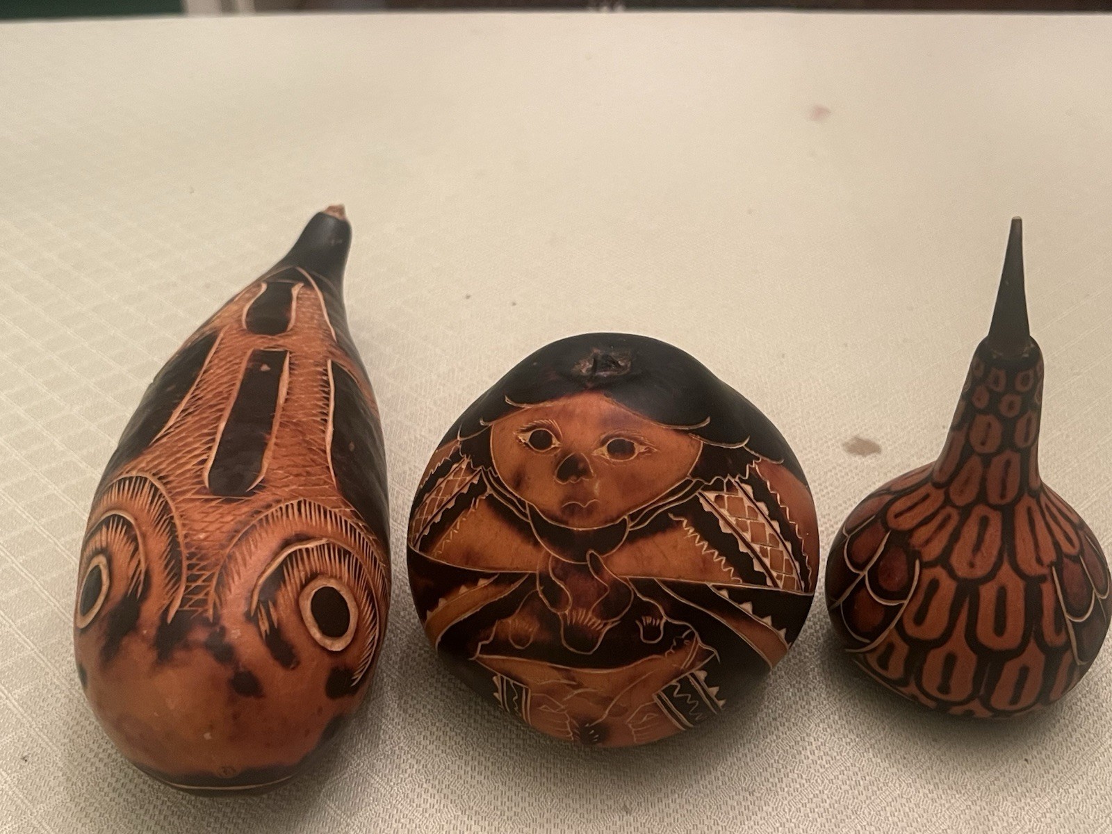 3 X Hand-Carved Decorative Gourd Peru Peruvian Folk Art Woman Fish Bird 1980’s