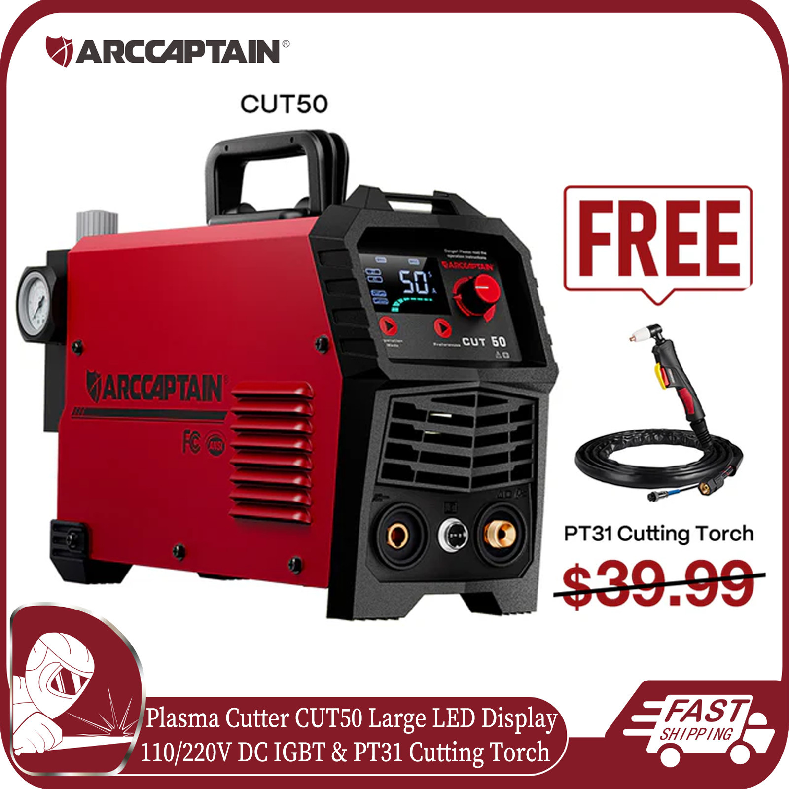ARCCAPTAIN Plasma Cutter 50A CUT50 LED Display 110/220V IGBT &PT31 Cutting Torch