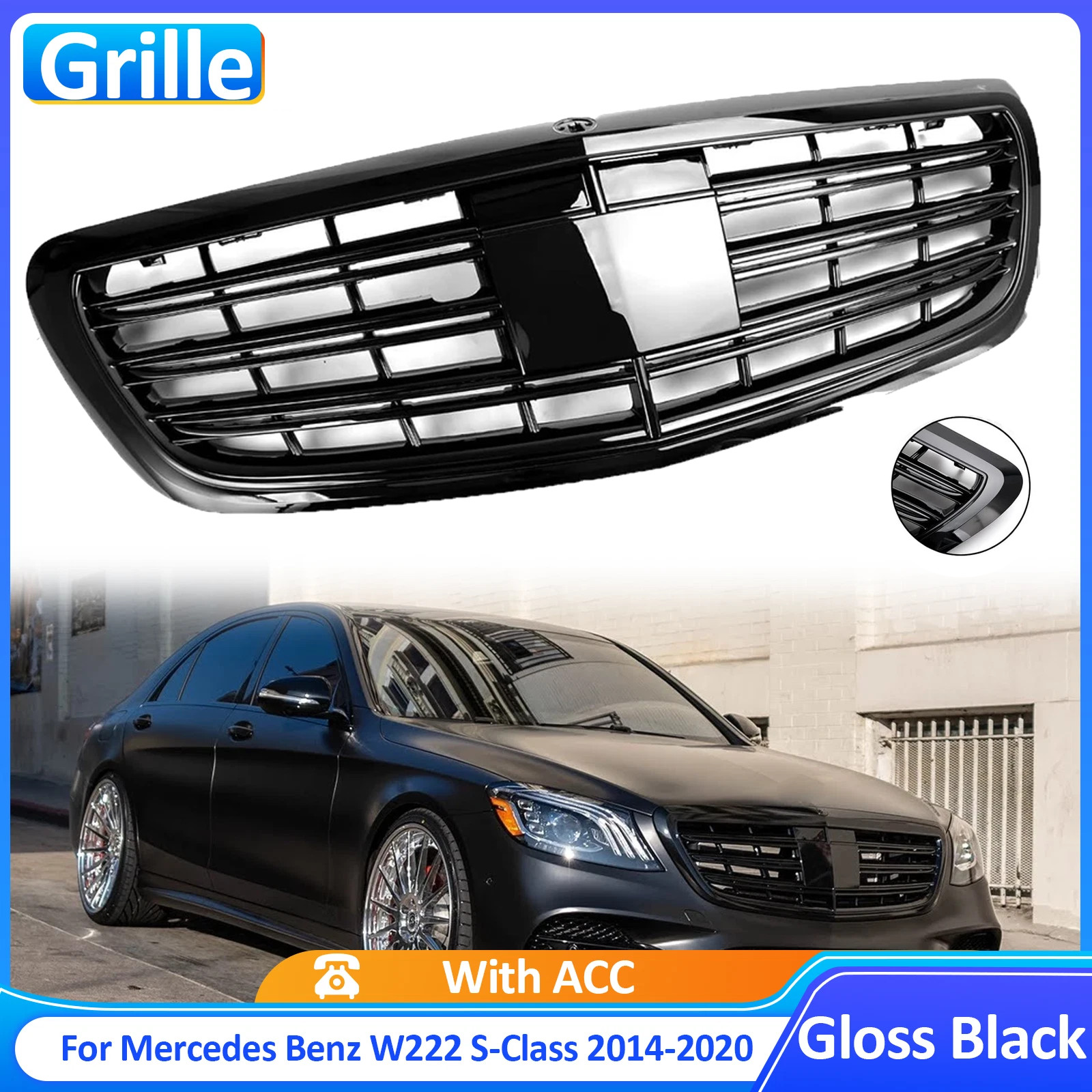 Gloss Black Grille Grill For Mercedes Benz W222 S450 S500 S550 2014-2020 w/ACC