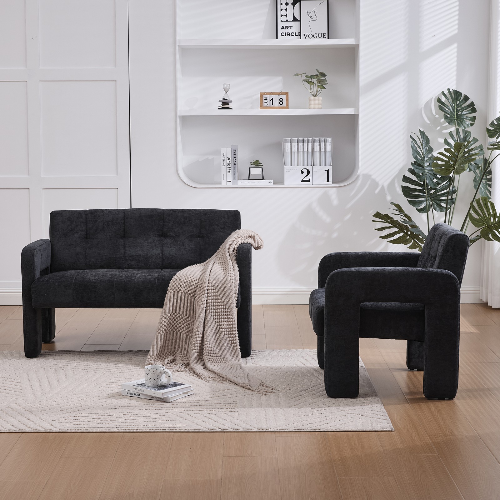 Nordic Modern Double Armchair Loveseat Sofa Chenille Black