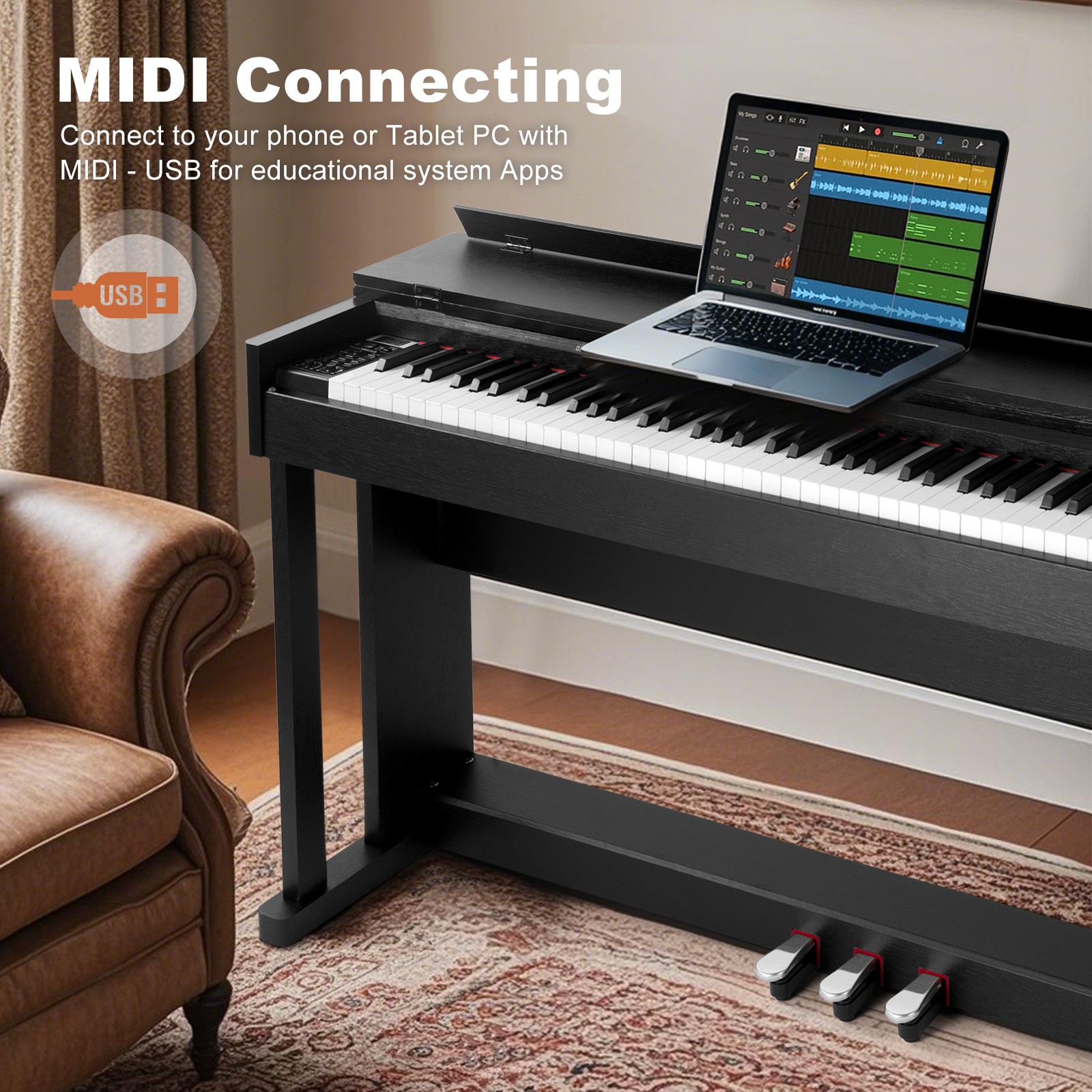 MUSTAR Black 88Key Fully Weighted Hammer Action Digital Piano Keyboard w/3-Pedal