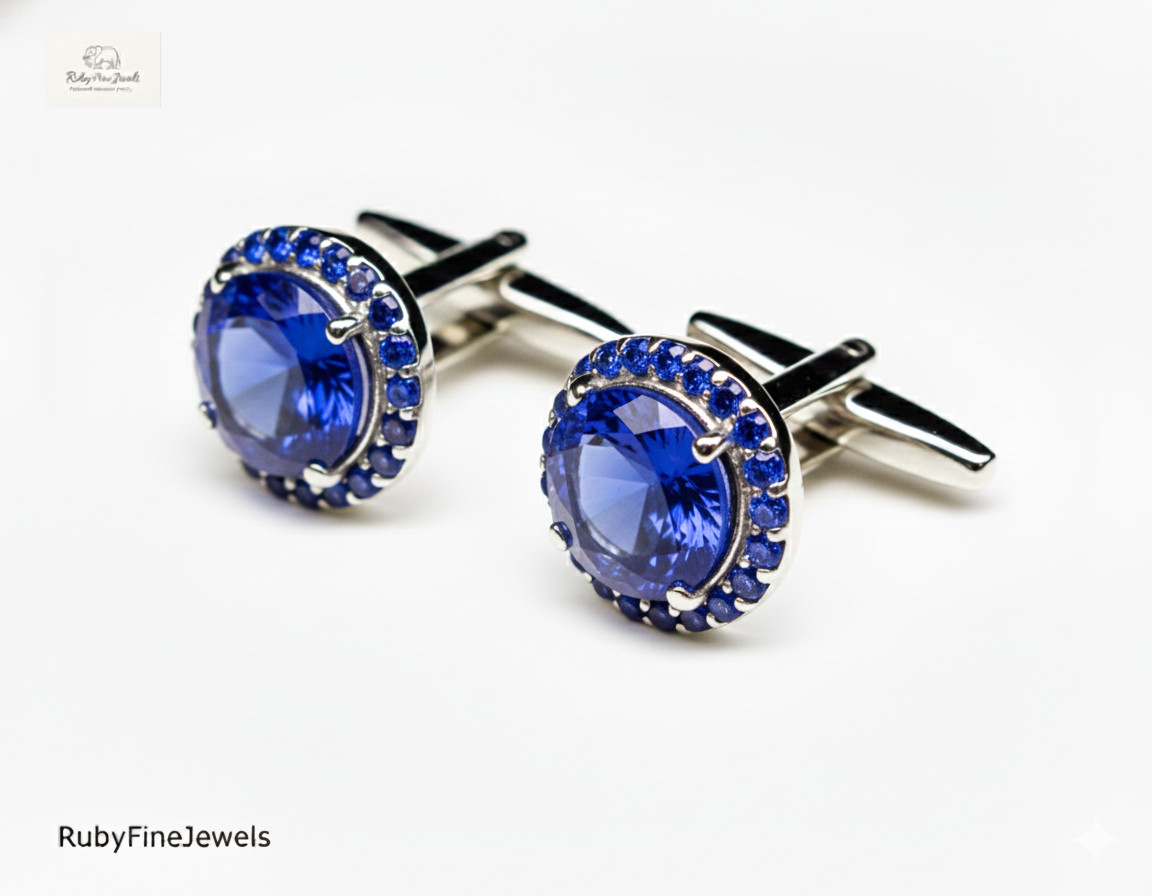 925 Sterling Silver Blue Sapphire Halo Cufflinks Men's Luxury Wedding Gift