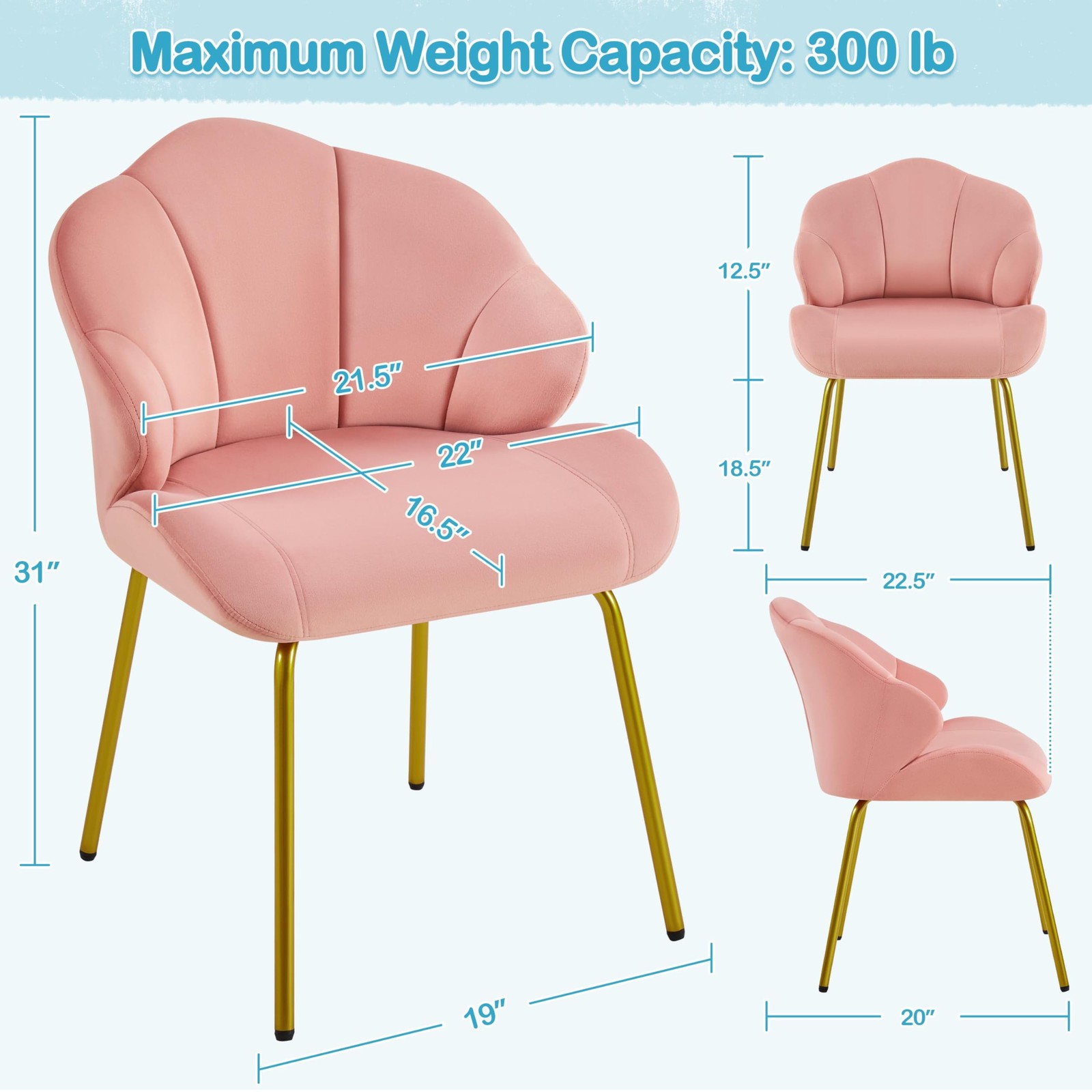 Yaheetech Vanity Chair, Velvet Accent Chair with 22.5"D x 22"W x 31"H, Pink