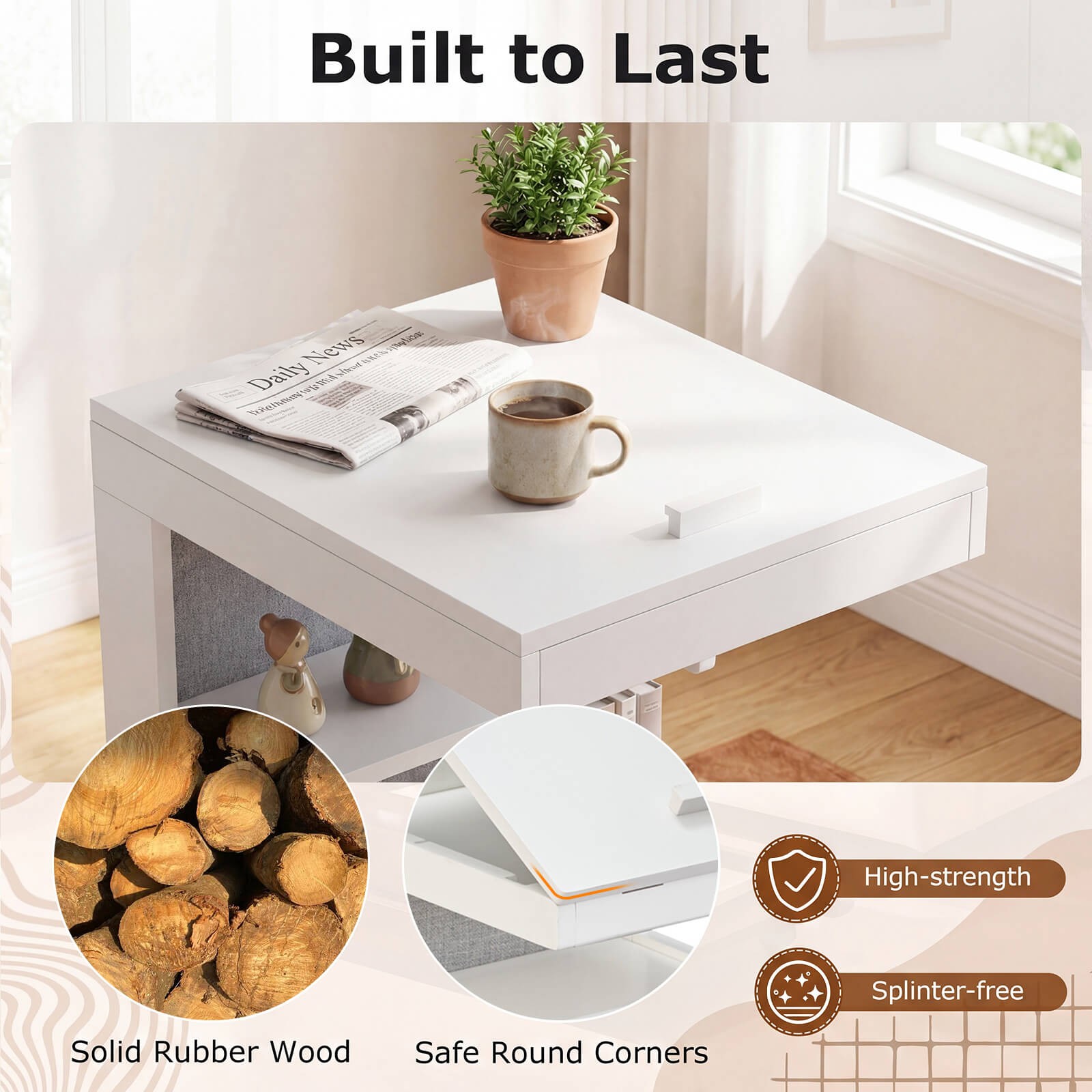 2PCS C-shaped End Table w/Wheels Adjustable Desktop Edge Stopper Storage Pocket
