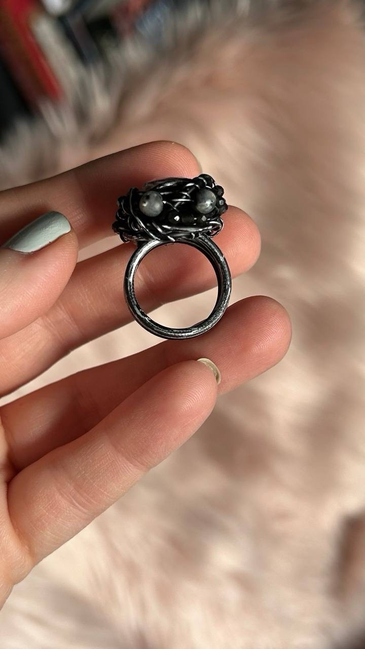 Handcrafted Statement Ring Black Wire Wrapped size 8