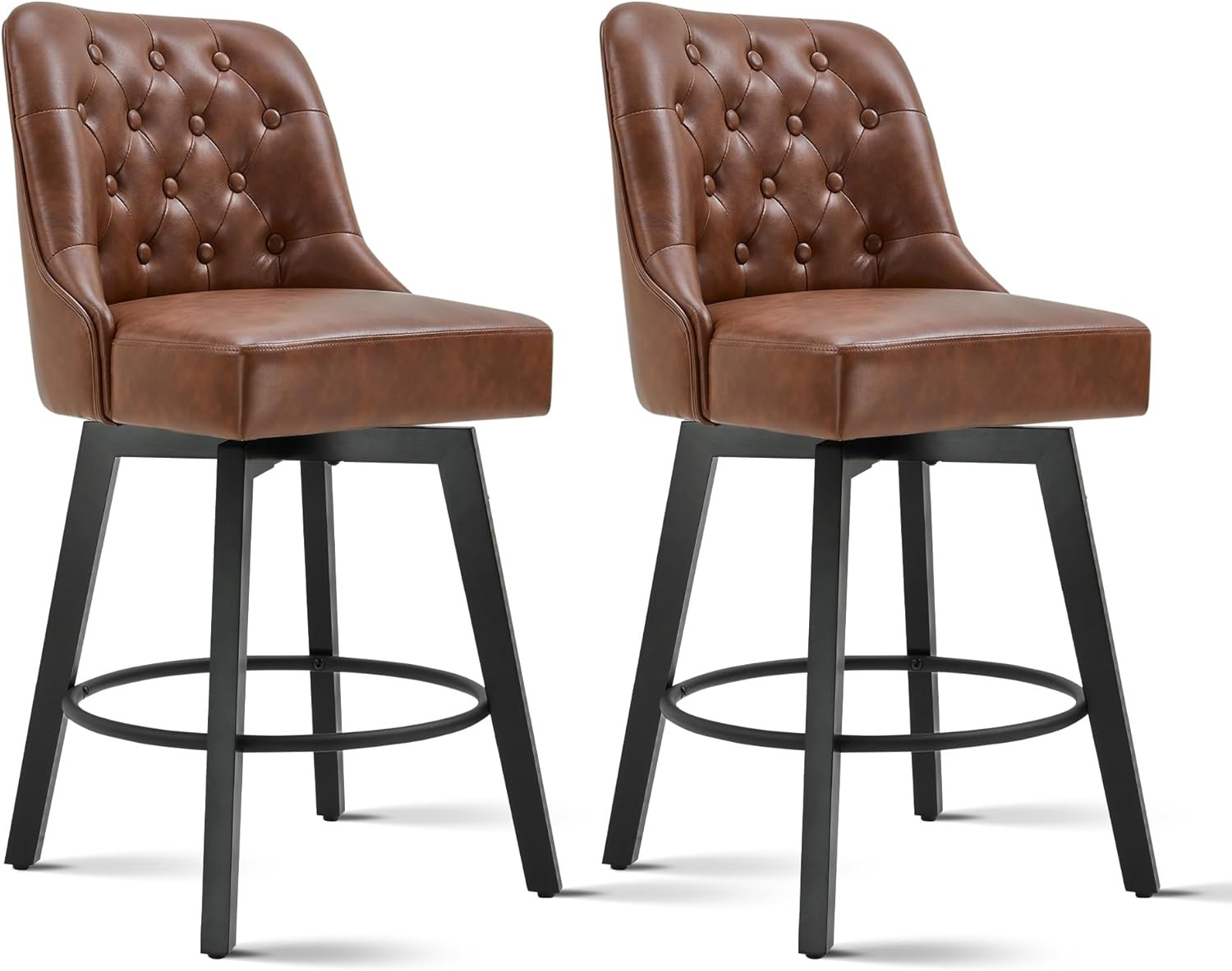 Set of 2 Brown Leather Counter Height Swivel Barstools with Back, 26" Seat