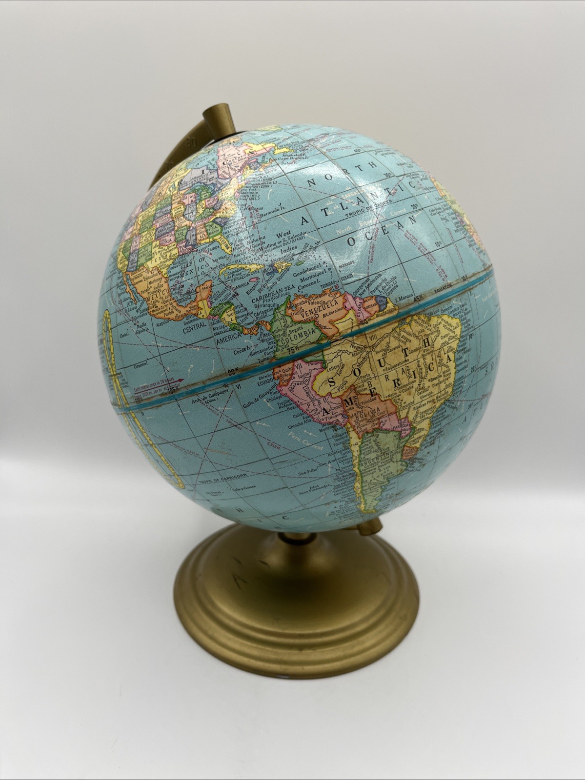 Vintage 1964 Geo. Cram's Terrestrial World Globe w/ USSR Sundial Metal Base 9”
