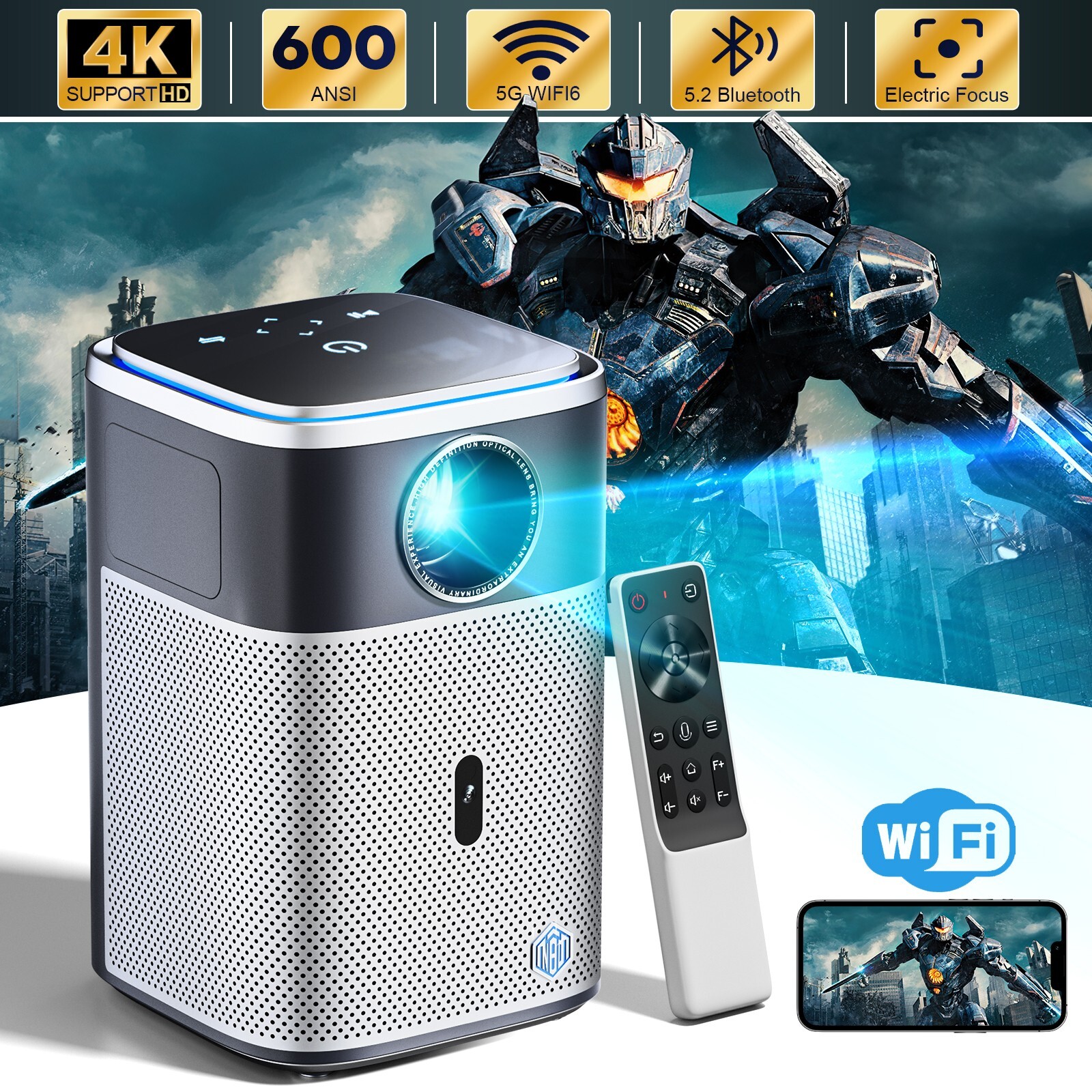 Projector with 5G WiFi Bluetooth 4K Support 600ANSI Native 1080P Home Theater