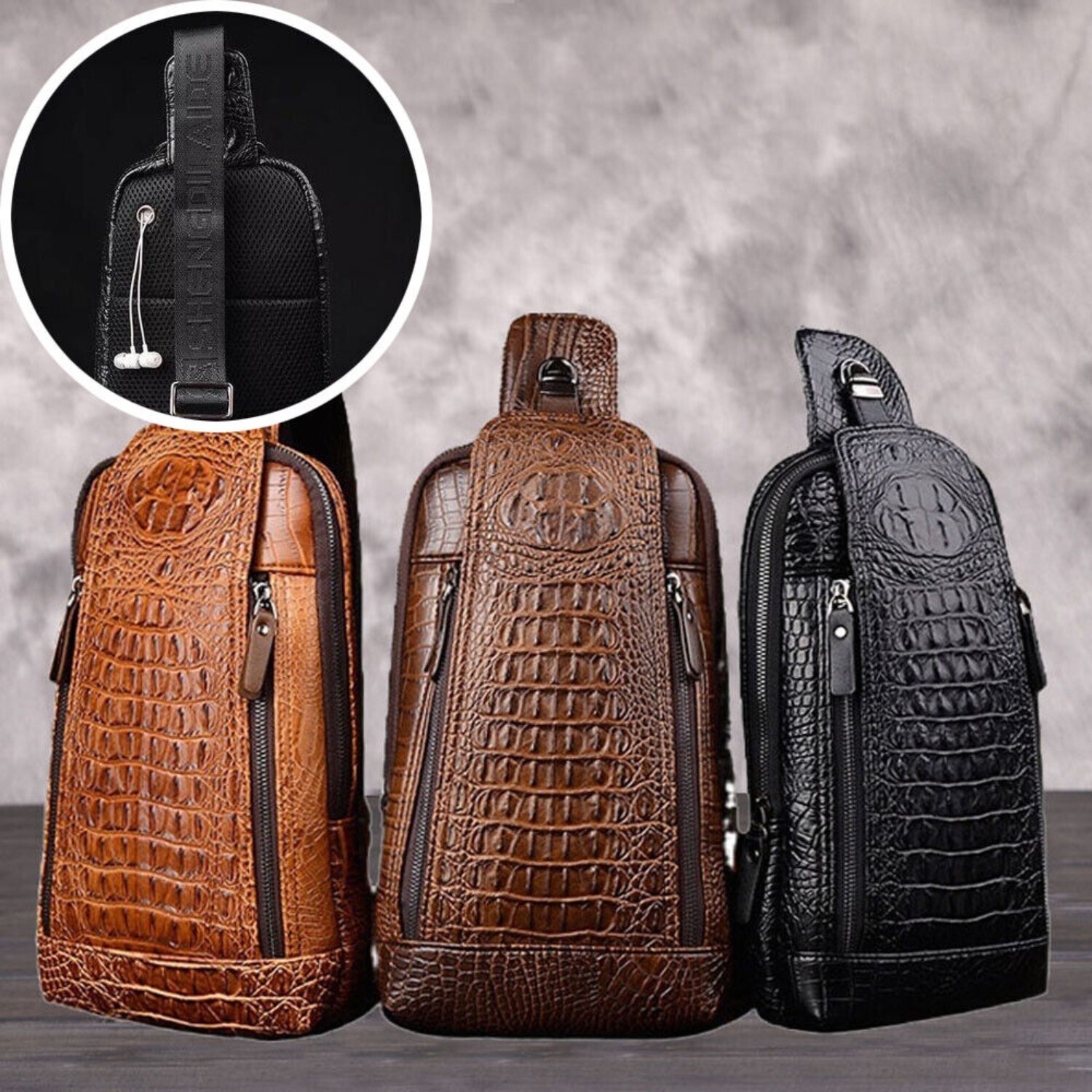 Mens Sling Backpack Leather Crocodile Crossbody Bag Chest Sling Bag Travel Bag