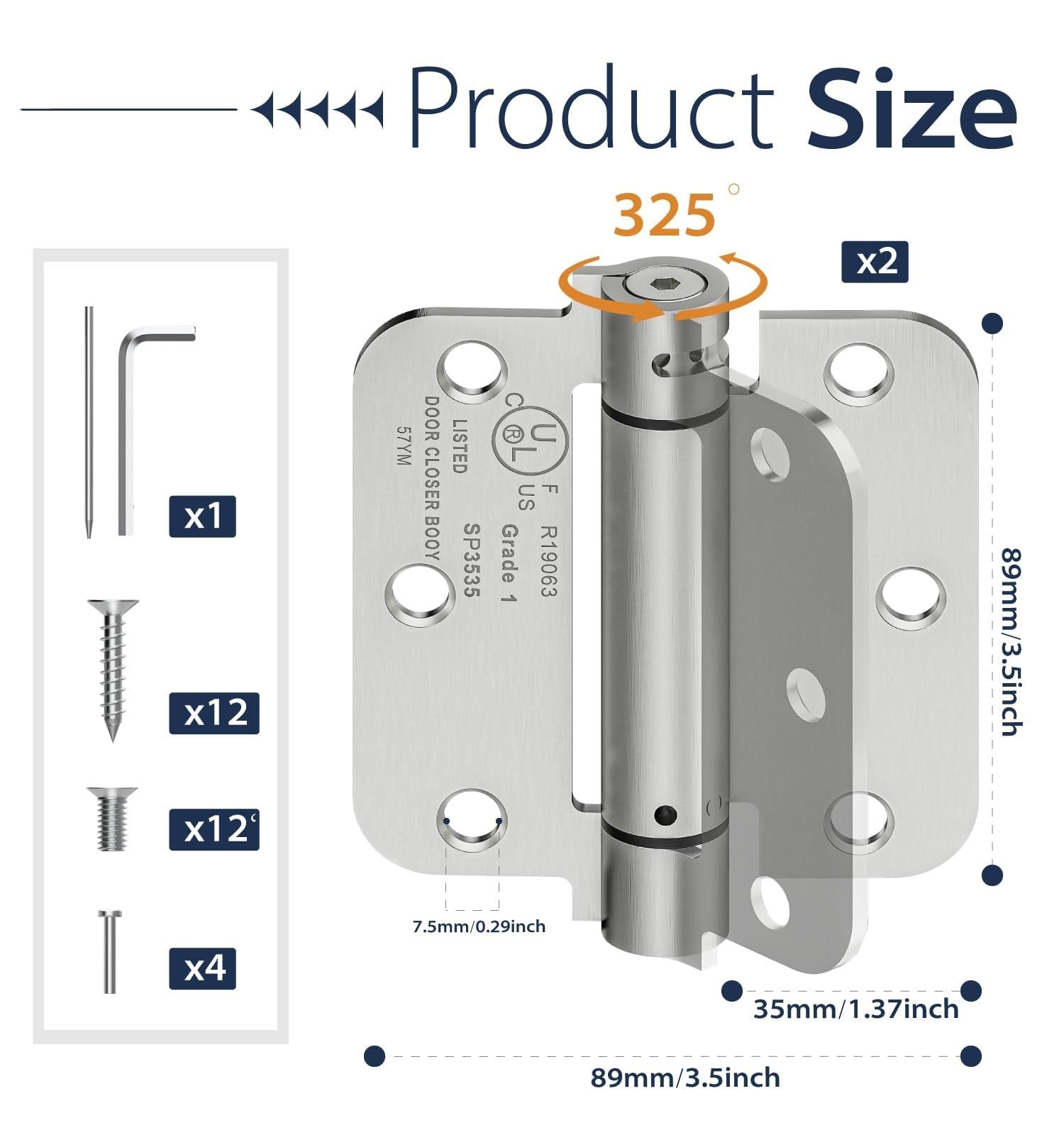 2-Pack Self Closing Door Hinges, 3.5 Inch Spring Loaded Door Hinges, Adjustab...