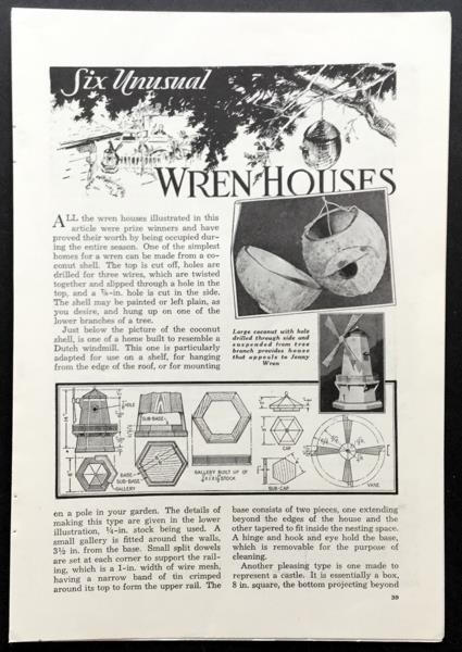 6- WREN Birdhouses 1933 HowTo build PLANS Castle Windmill Acorn Lighthouse +more