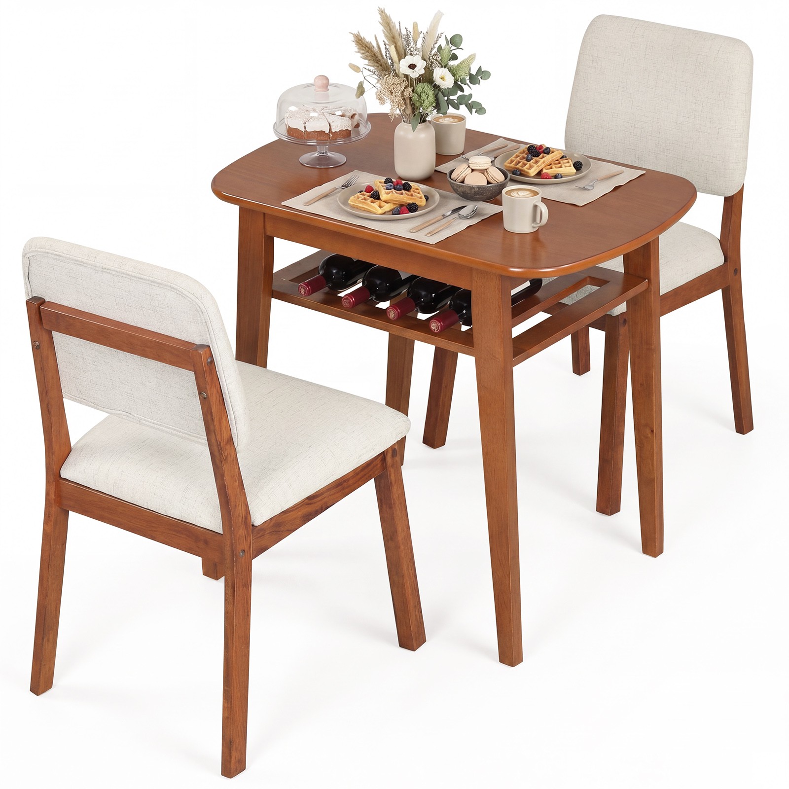 3-Piece Dining Table Set for 2, Solid Wood Kitchen Table w/Storage Rack & Chairs