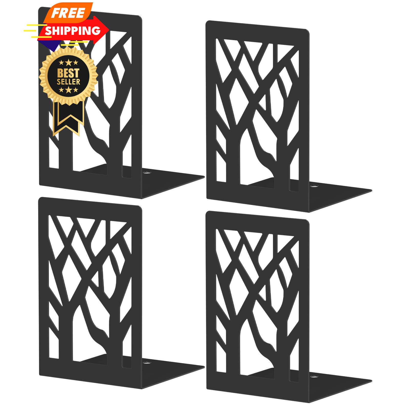 ALOTCHE Bookends 4 Pieces, Tree Design Modern Metal Black 4 Pieces