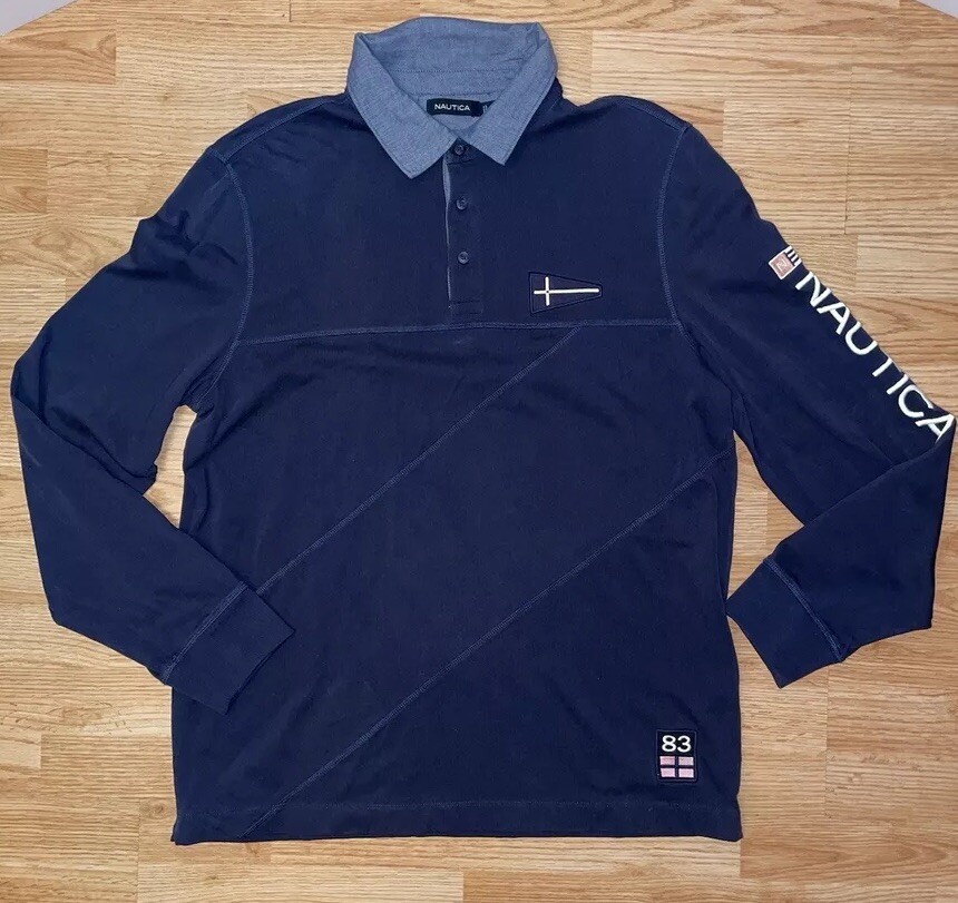 Nautica Button Up Men XL Adult Flag Logo Boat Sail Beach Yacht Ocean