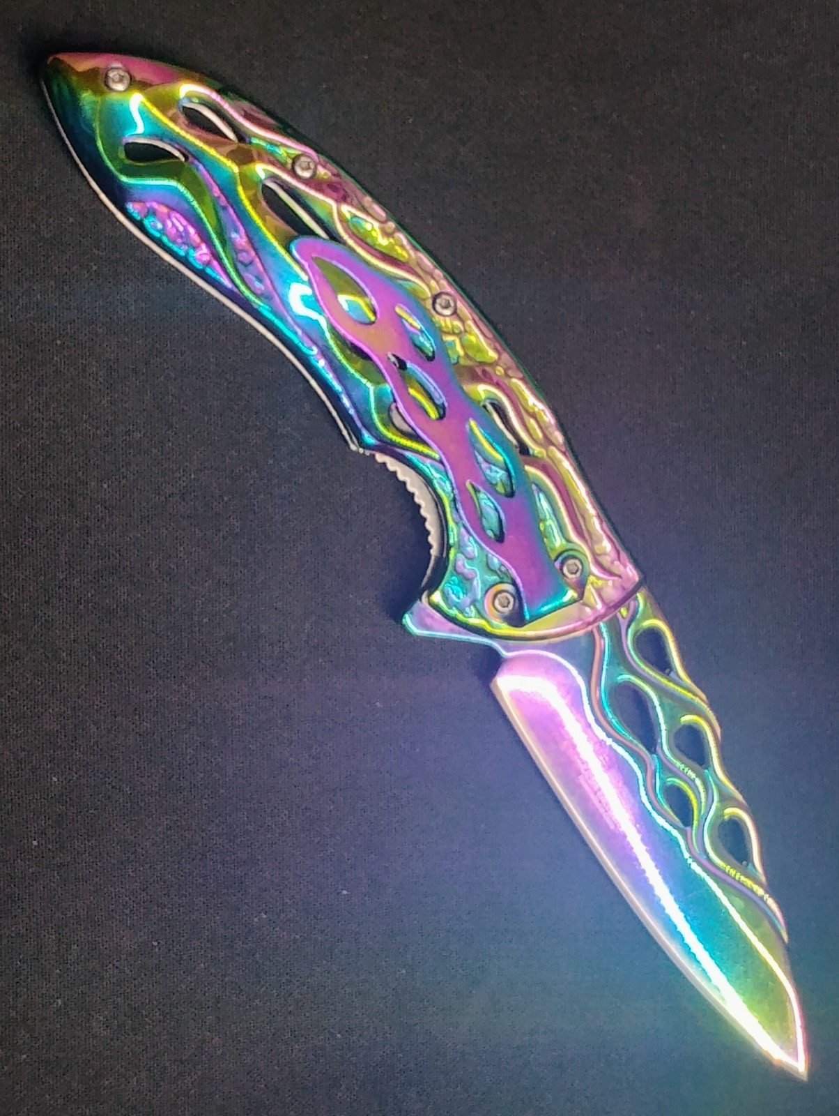 MTECH Assisted Opening Pocket Knife Rainbow Flame Cutout Fire Pattern Blade EDC