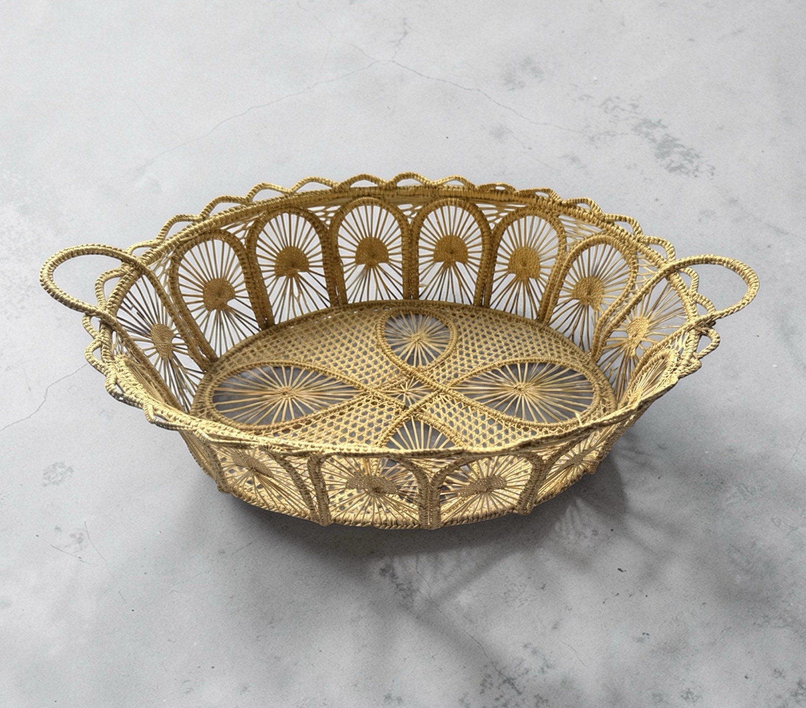 Vintage Italian Gold Wire Basket Tray Sunburst Hollywood Regency 12” Oval