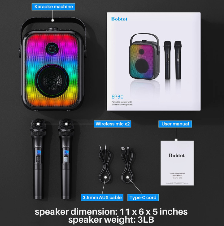 Karaoke Machine, Portable Bluetooth Speaker with 2 Wireless Karaoke Microphones