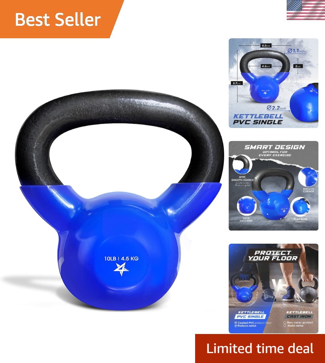 Kettlebell, 10 LB Vinyl Coated Cast Iron Strength Training for Home Gym Exerc...