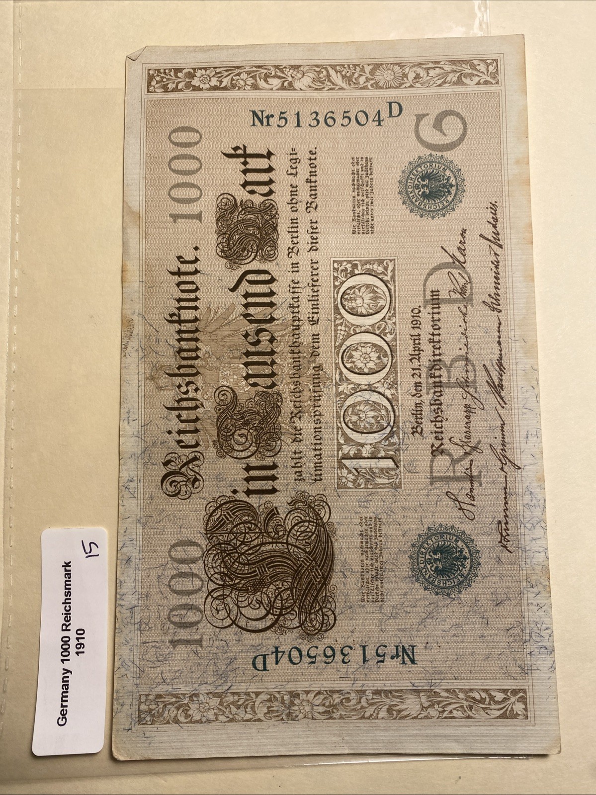 Germany 1910 1000 Marks ( Pictured Is The Note You Will Receive) Free Shipping