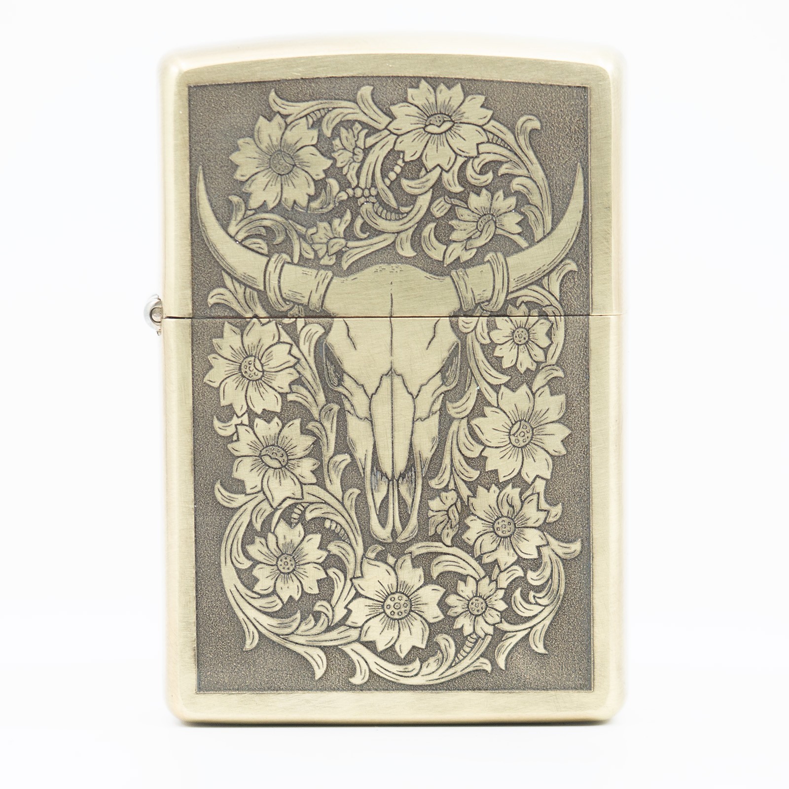 All Brass Zippo Lighter Engraved Steer Skull with Western Scrolls