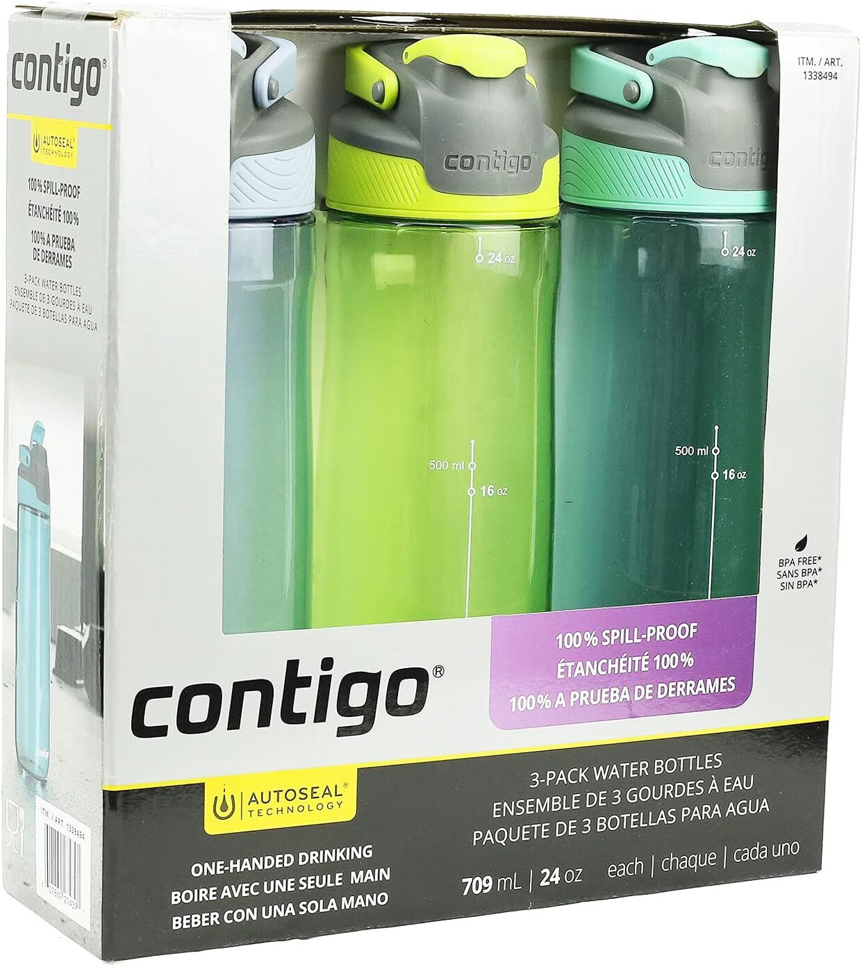 Contigo Autoseal Water Bottles, 100% Spill-Proof, 24 oz, 3 Pack, New in Box