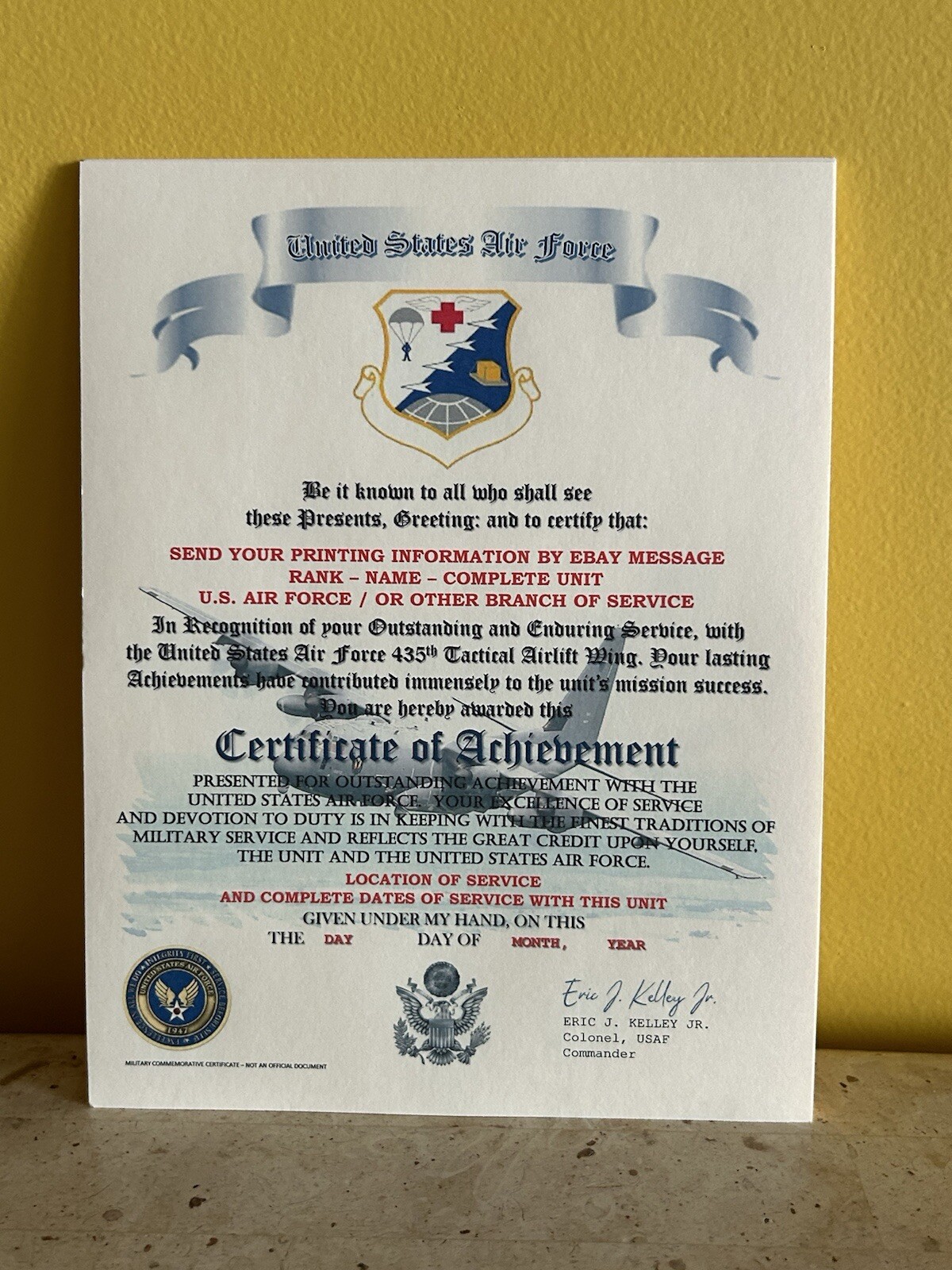 U.S.A.F. / AIR FORCE 435TH TACTICAL AIRLIFT WING - CERTIFICATE OF ACHIEVEMENT