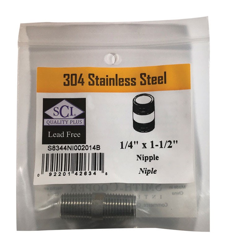 Smith-Cooper 4632100210 Stainless Steel Lead-Free Nipple 1/4 MPT x 1-1/2 L in.