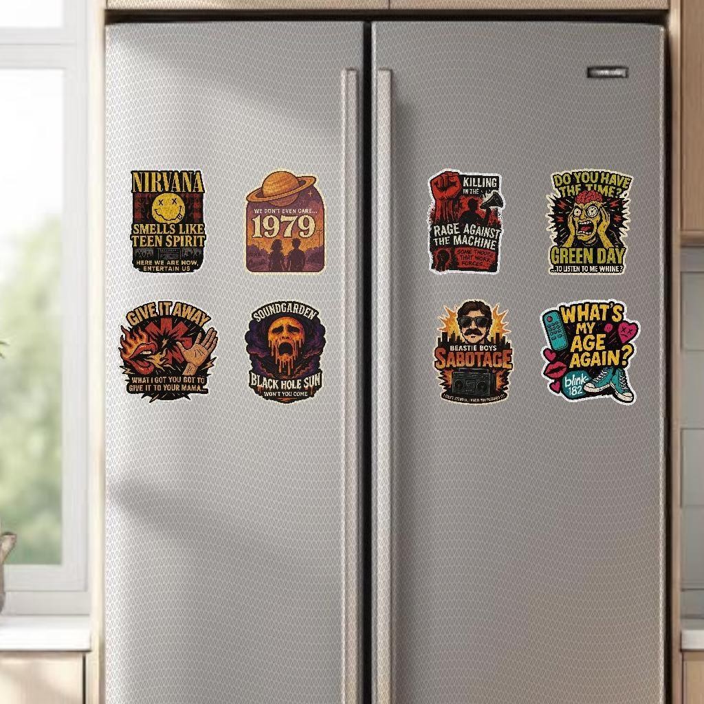 90s Rock Band Parody Sticker/Magnet Set: Grunge & Alt Rock Decals