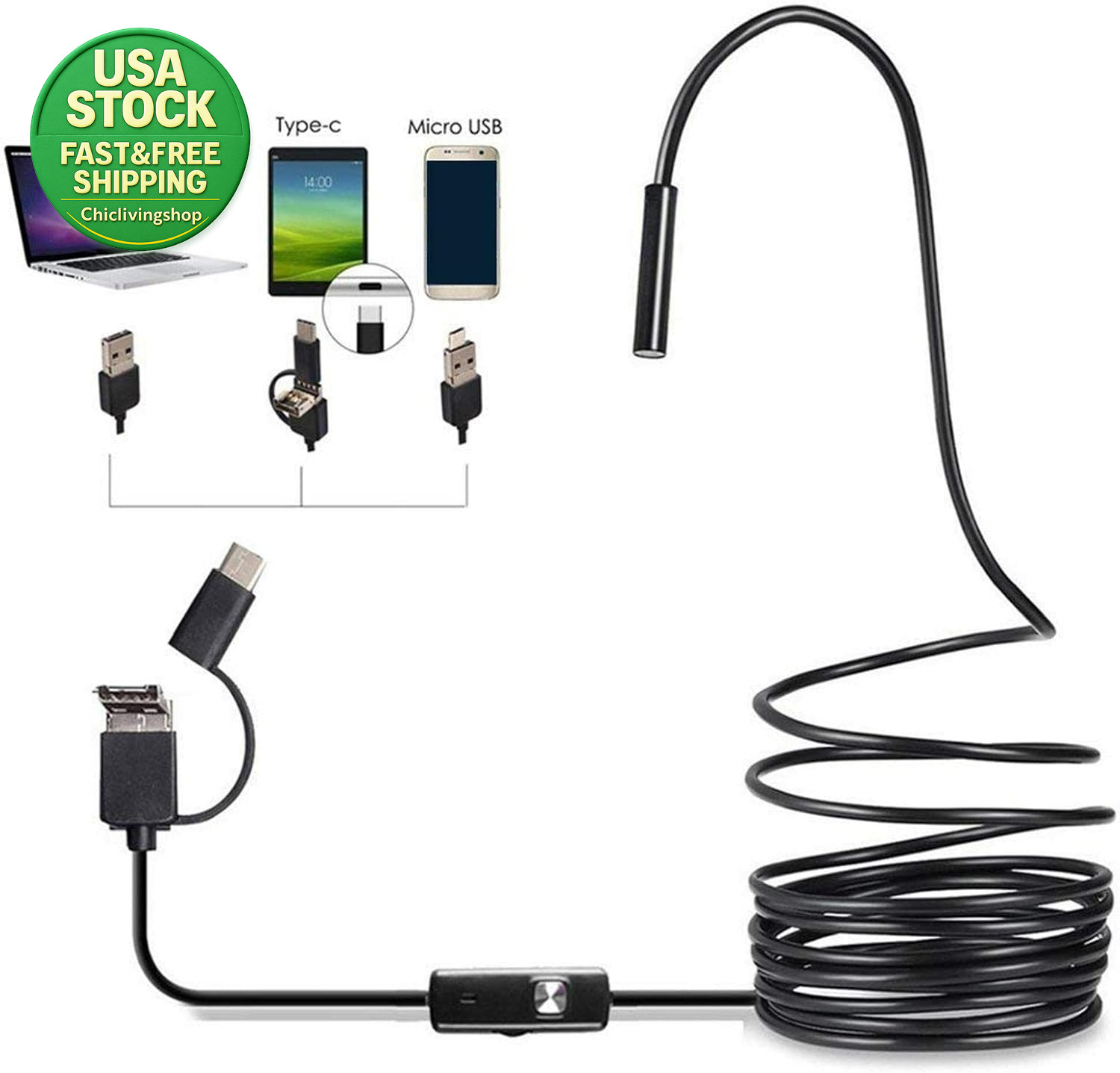 3 in 1 Endoscope Inspection Camera USB HD Waterproof Borescope 2M Cable