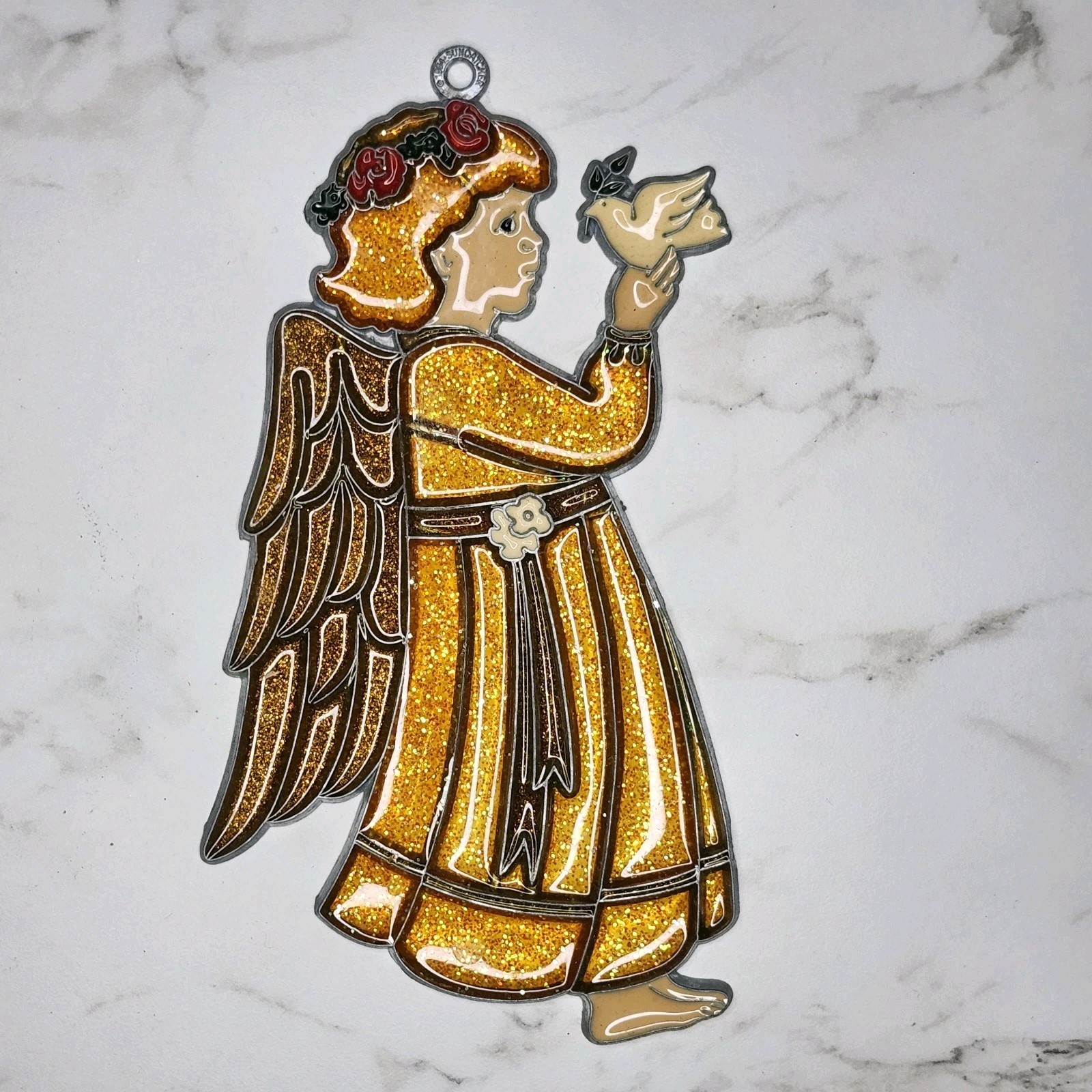Vintage Gold Glitter Angel Suncatcher Hanging Ornament – Dove & Rose Detail