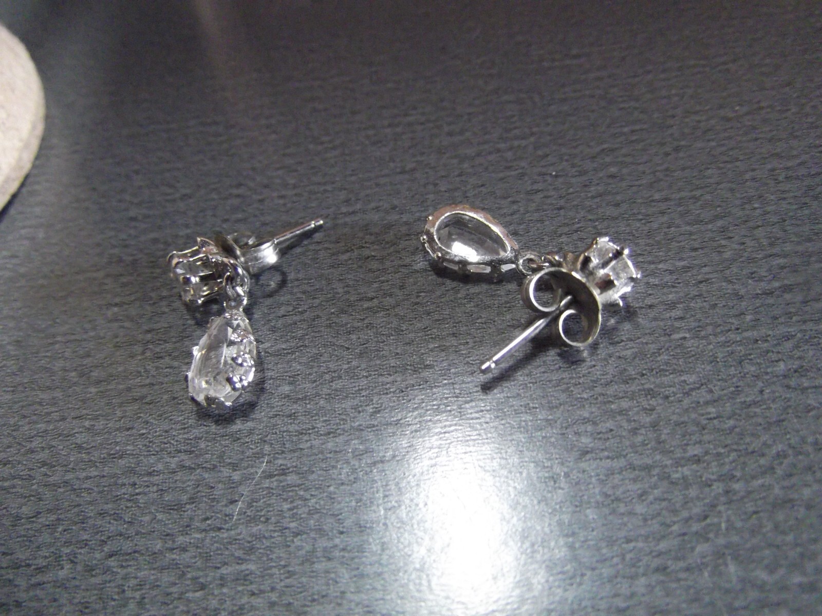 1 Pair Old .75"in White Glass Sparkly w/ Teardrop Dangle Stud