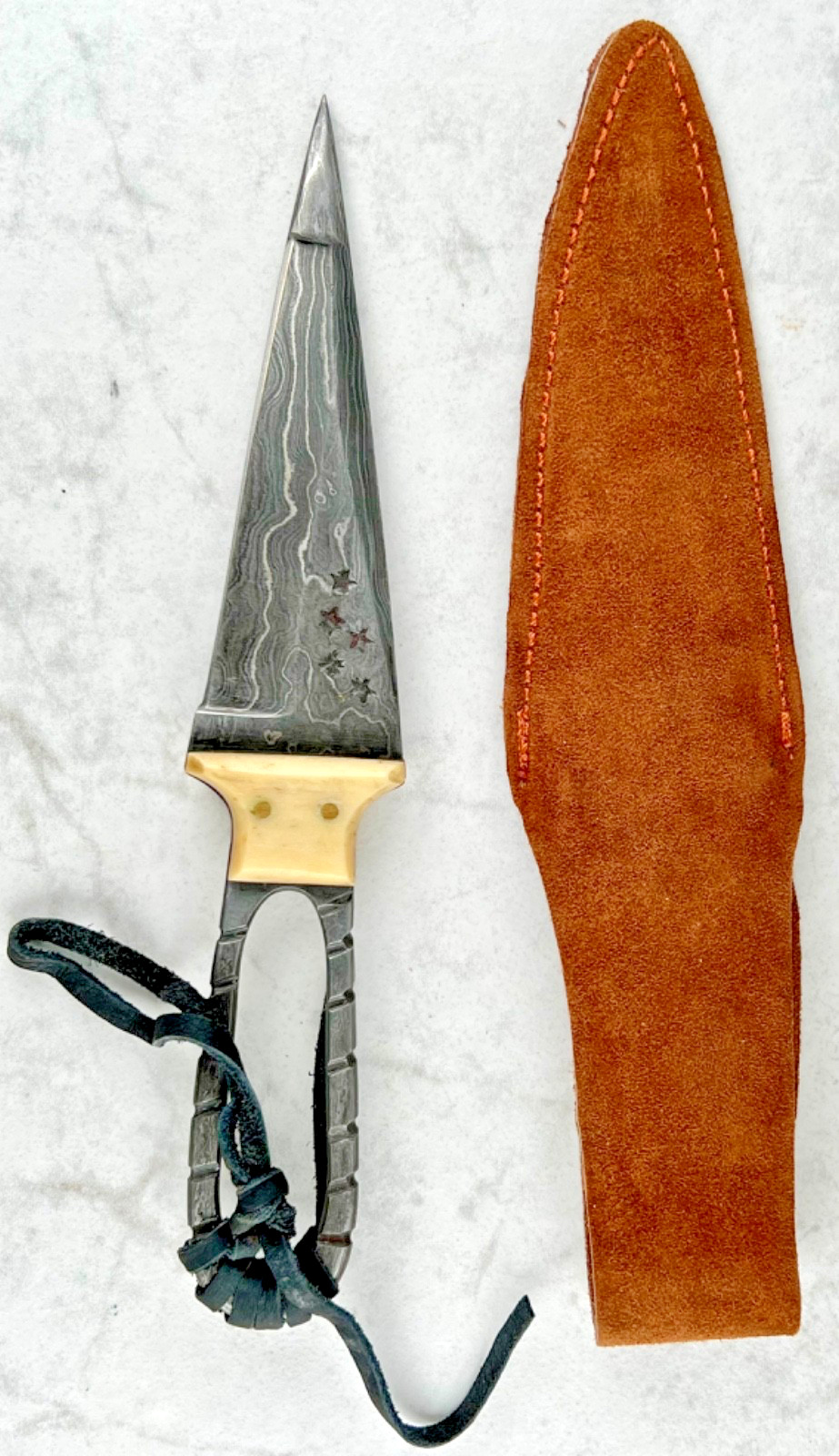9" Damascus Steel Dagger Knife Skeleton Tang Leather Wrapped Handle Sheath