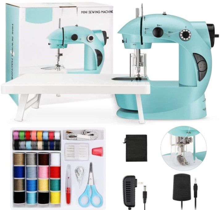 Máquina de coser mini portátil con mesa extendida, 2 velocidades y luz LED