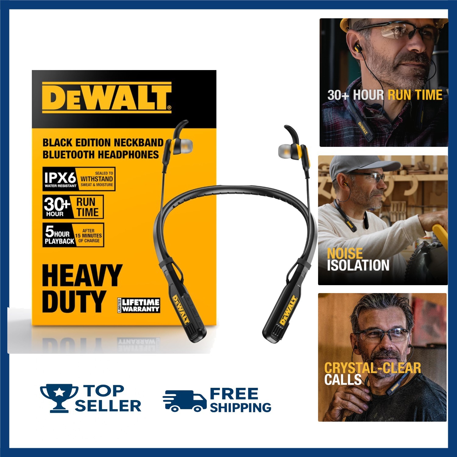 DEWALT Heavy Duty Magnetic Bluetooth Neckband Headphones, Wireless Around the Ne