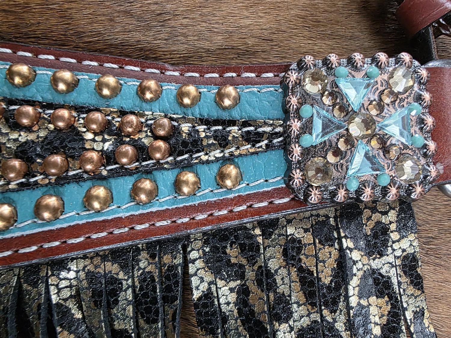 Western Headstall - Fringed Breastcollar - Reins - Metallic Leopard - Turquoise