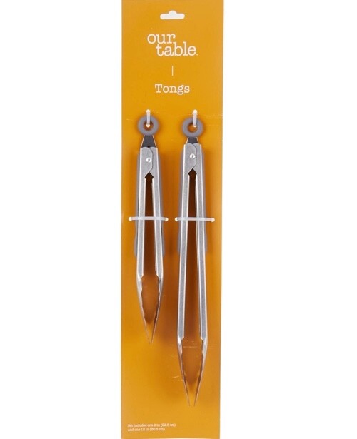 2 Piece Stainless Steel Locking Metal Kitchen Tongs w nonslip grip Gray 9" & 11"