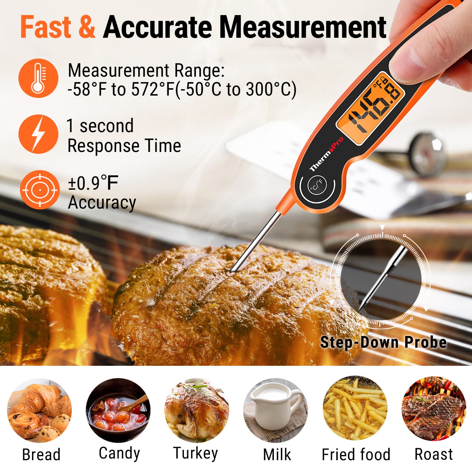 ThermoPro TP605W Instant Read Meat Thermometer Waterproof Backlit Foldaway Probe