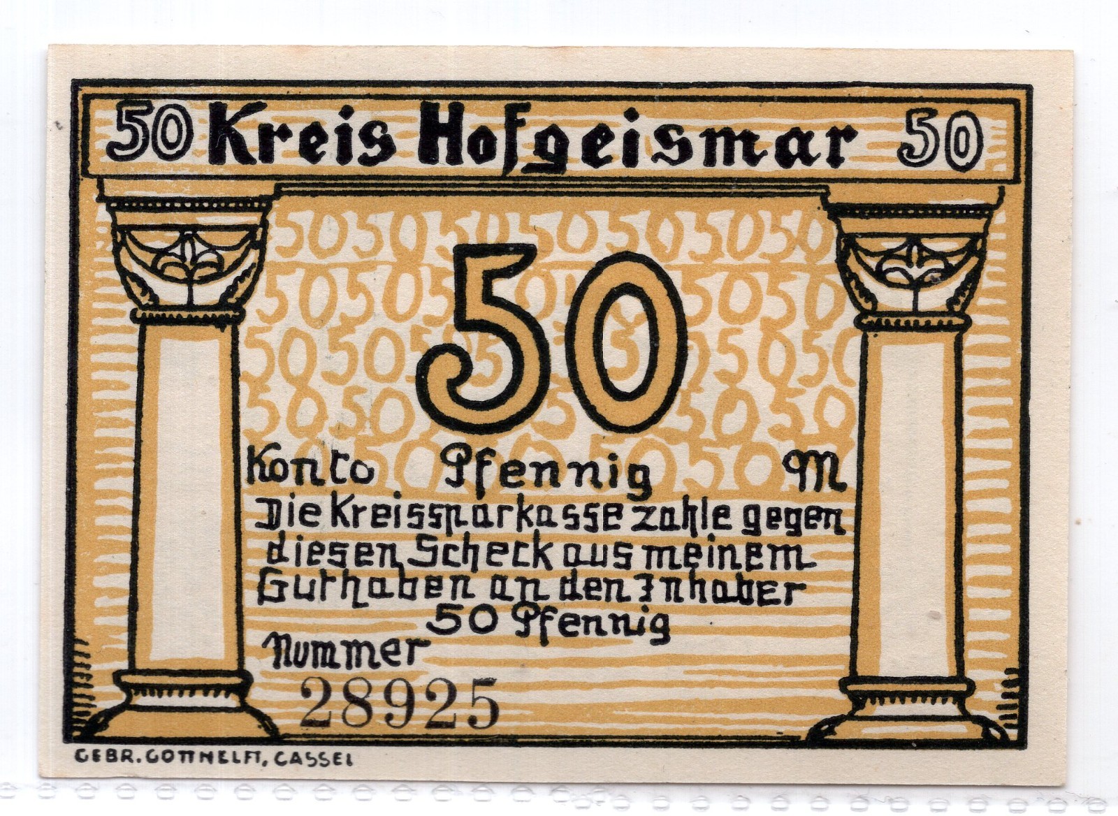 1922 Germany Hofgeismar Notgeld 50 Pfennig Note (1371)
